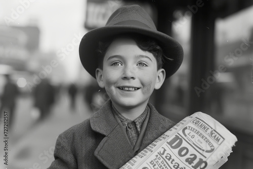 Classic Vintage Newsboy Holding a Newspaper. Black and white image of a young newsboy from a bygone era, holding up a newspaper with pride.