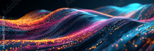 Big data analysis abstract background with glowing lines representing data rivers in motion, visualizing a dynamic interplay of information as colorful streams against a shadowy backdrop.