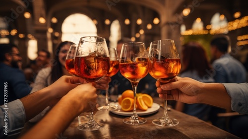 glasses of aperol spritz. Friends clinking glasses of Aperol spritz cocktails, People are holding glasses of aperol.