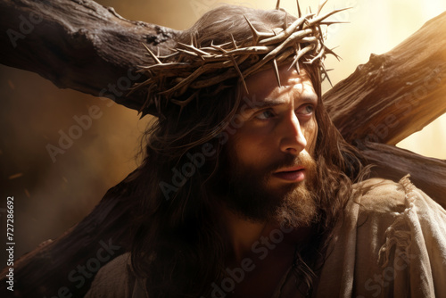 Jesus Christ bearing crown of thorns and heavy cross on his shoulder. Christianity, faith, religion concept