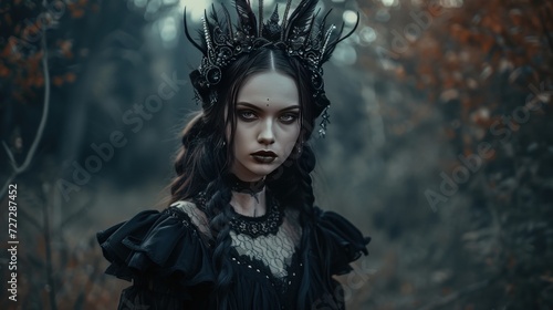 Beautiful female character in gothic black dress with evil concept AI generated image
