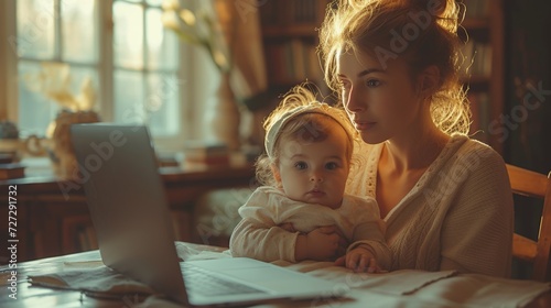 The side view shows a female remote employee holding a curious little child while sitting at a table and working with her laptop at home.