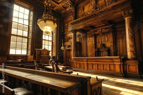 American Courtroom, Empty Courthouse, Supreme Court of Law and Justice Trial Stand, Grand Wooden Interior