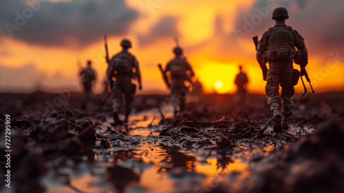 Silhouetted soldiers marching at sunset, ideal for military memorial websites and veteran tribute posts