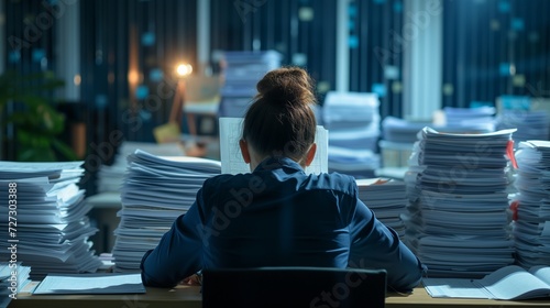Back view Tiredness of overworked employees surrounded by stacks of paperwork working late into the night in the office