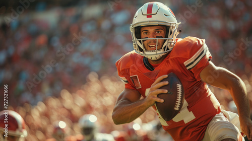 American Football: Tense moment as a quarterback throws a spiral pass, amidst a backdrop of a packed stadium.