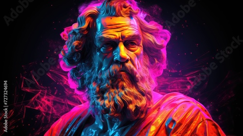 Greek philosophical figures immortalized in statues, enhanced by the glow of neon lights, creating a captivating fusion of the past and present.