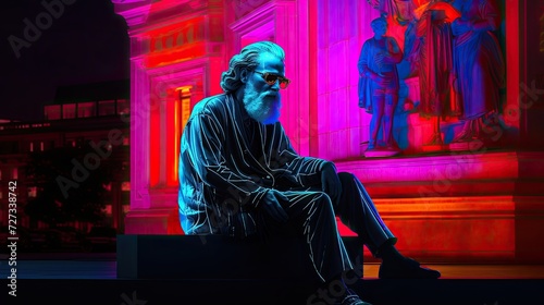 The timeless wisdom of Greek philosophers comes to life through statues adorned with neon lights, symbolizing the enduring relevance of their ideas.