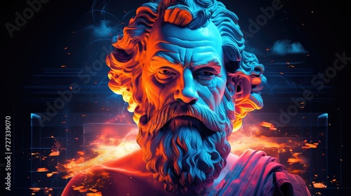 Neon-lit statues of Greek philosophical figures, blending classical wisdom with contemporary aesthetics.