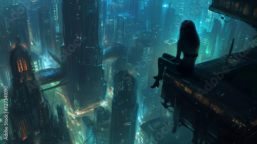 A woman precariously sitting on a ledge overlooking a dystopian cyberpunk city at night