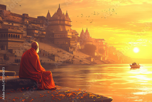 oil painting on canvas, Ancient Varanasi city architecture at sunset with view of sadhu baba enjoying a boat ride on river Ganges. India.