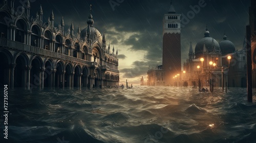 Venice is flooded, under water after heavy rains and rising water levels. concept climate, warming, water