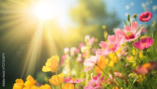 Flowers in Bloom on a Green Grass Background