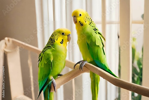 A Couple of Yellow Green Parakeet Birds. Budgies Sitting on a Wooden Stick. 