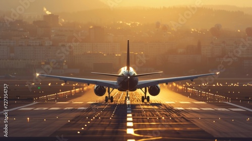 Captivating image of an airplane landing at sunset with city skyline, depicting travel and adventure. Perfect for commercial use.