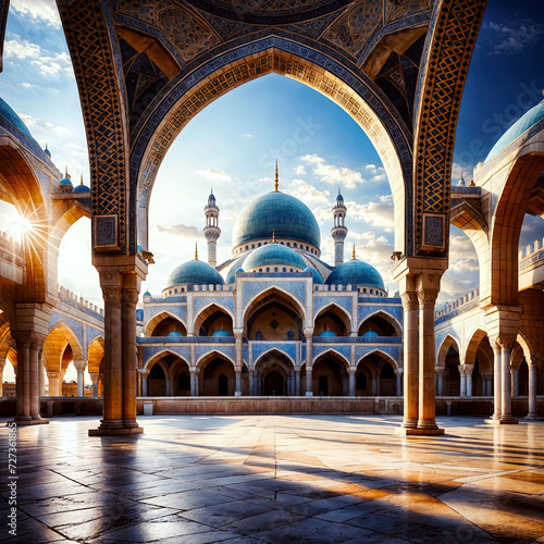 Mosque with arches at sunset