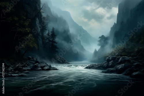 drawn river with rocks in a wild forest