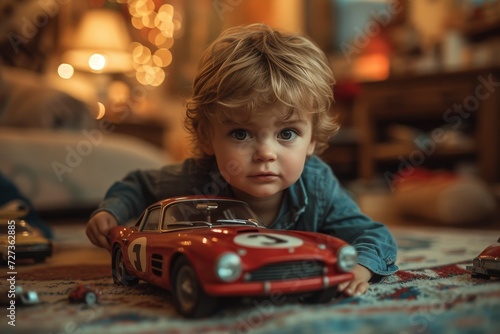 A curious young boy delights in his toy car, his bright eyes full of wonder as he imagines himself on an exciting adventure
