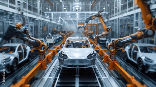 Automated robotics and futuristic electric cars factory production line showcased in wide banners featuring production and efficiency statistics along with a copy space area.