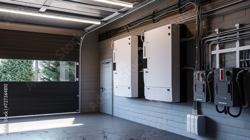 Battery packs provide an alternative energy storage system for the home garage wall, serving as a backup or sustainable energy solution.