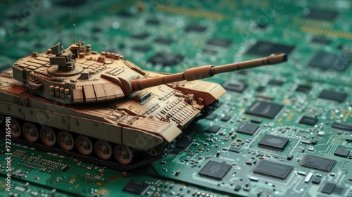 AI controlling warfare depicted through close-up of a military tank on a computer board, emphasizing the race in manufacturing microchips.