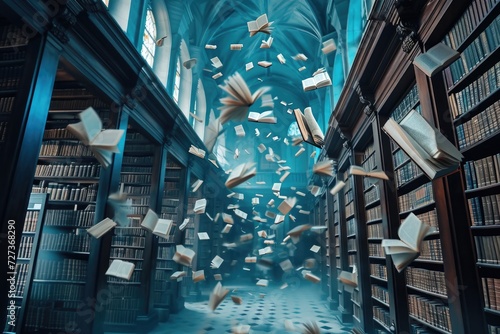 A library filled with numerous books flying through the air in a chaotic yet exhilarating spectacle, A calm, serene library filled with holographic books floating in the air, AI Generated