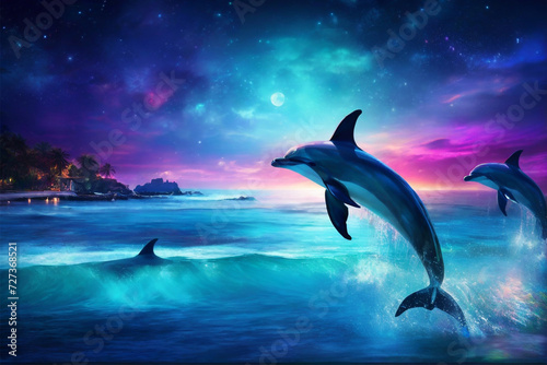 Moonlit Seascape with Glowing Dolphins, multicolor, bokeh