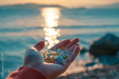 Hand holding micro plastics which was washed ashore from sea. Volunteer collects plastic from beach sand. Environment, pollution, plastic waste concept