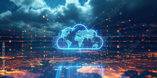Cloud Computing Tech Concept With Global Data Transfer And Abstract World Map. Сoncept Cloud Computing, Global Data Transfer, Abstract World Map, Tech Concept