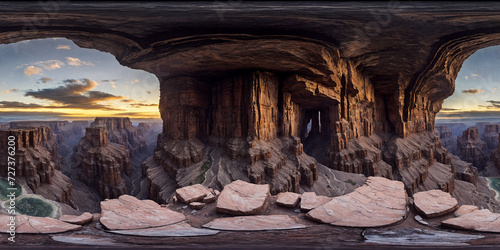 view over canyon Full 360 degrees seamless spherical panorama HDRI equirectangular projection of. Texture environment map for lighting and reflection 3d scenes. 3d background illustration. 