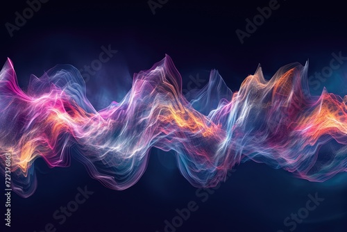 A photograph capturing a hazy view of a range of mountains, displaying blurred outlines and details, A fantasy visualization of how soundwaves from a podcast travel through the ether, AI Generated