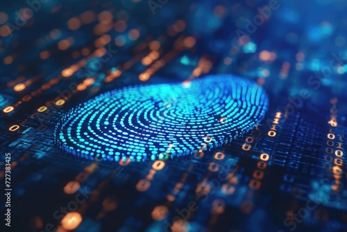 A clear fingerprint is seen on a solid blue background, A human fingerprint transforming into binary code, AI Generated