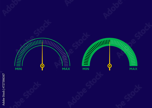 semicircle min and max indicator on dark blue background. minimum and maximum semicircular dial