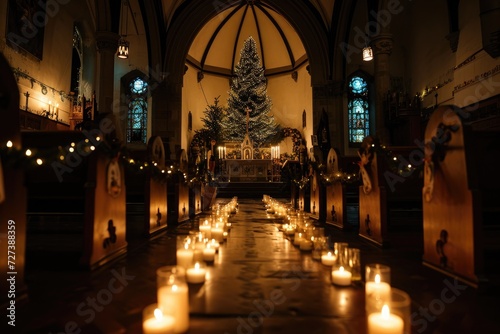 A photograph depicting a church interior filled with a multitude of lit candles, creating a warm and luminous atmosphere, A serene candle-lit church on Christmas Eve, AI Generated