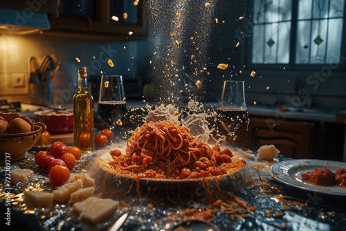 A plate filled with spaghetti noodles, topped with a generous sprinkling of flavorful sauce, placed on a table, A surreal interpretation of a spaghetti dinner, AI Generated