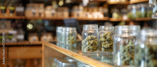 Jars of cannabis on display hint at the complexity of legal, medicinal, and retail aspects in a modern dispensary.