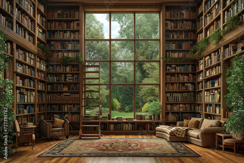 A home office with a library ladder and floor-to-ceiling bookshelves, creating a scholarly and resourceful ambiance. Concept of intellectual and grand home workspaces. Generative Ai.