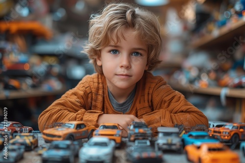A young boy with an orange toy car sits at a table, his face filled with joy and wonder as he imagines a world of endless possibilities