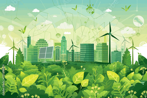 Green Energy Revolution: Transition to Sustainable Power Sources, Vector Illustration of Renewable Energy Systems and Environmental Conservation