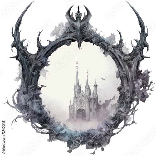 Gothic portal with a Magic landscape. Fantasy dark mood stone gate watercolor illustration.