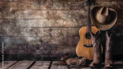 an acoustic guitar, cowboy hat, and boots arranged against a blank wooden plank grunge background, providing ample copy space for text or branding.