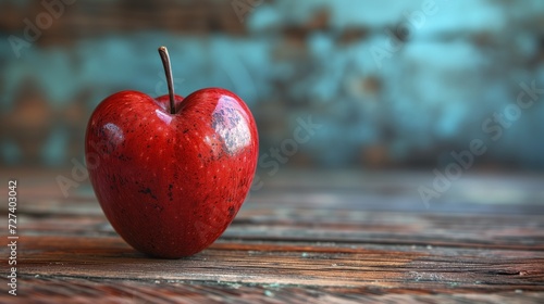 Czerwone błyszczące jabłko w kształcie serca na wierzchu drewnianego stołu.