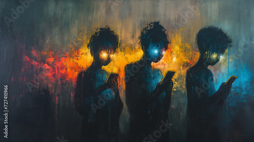 three teens addicted to their smartphones, abstract oil painting