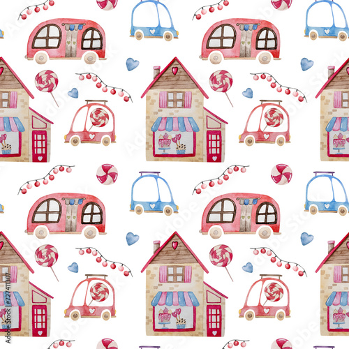 Hand-Drawn Watercolor Illustration Features A Seamless Pattern For Valentine'S Day With Cars, Hearts, And Cupcakes For February 14Th