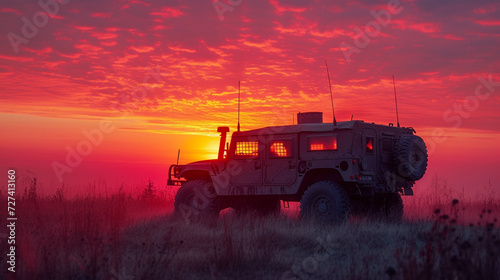 Military SUV with soldiers, sunset, state of war