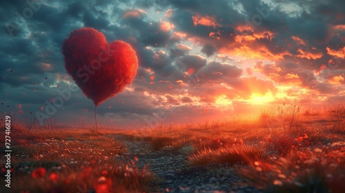 W powietrzu dryfuje czerwony balon w kształcie serca.