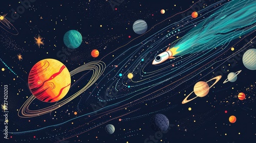 Illustration outer space rocket flying up into solar system cartoon style background. Generated AI