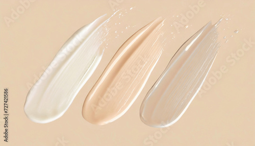 Smears of liquid foundation isolated on beige background. Set of different skin tone bb cream swatches