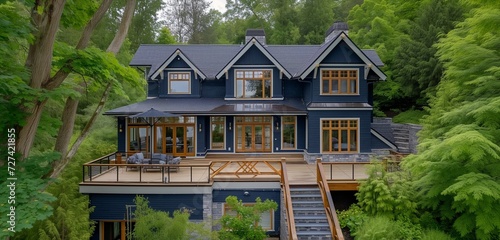 Aerial view of a navy blue craftsman cottage with a picturesque wooden bridge in the backyard.