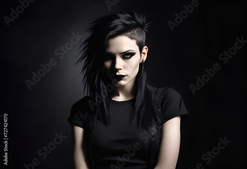 Portrait of a young goth woman. Punk teenager on dark background